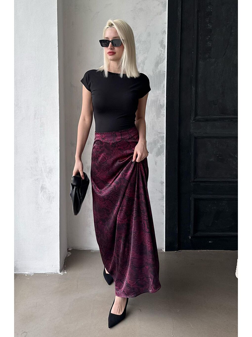 Bordo Desenli Saten Kadın Uzun Etek Mg2333-3