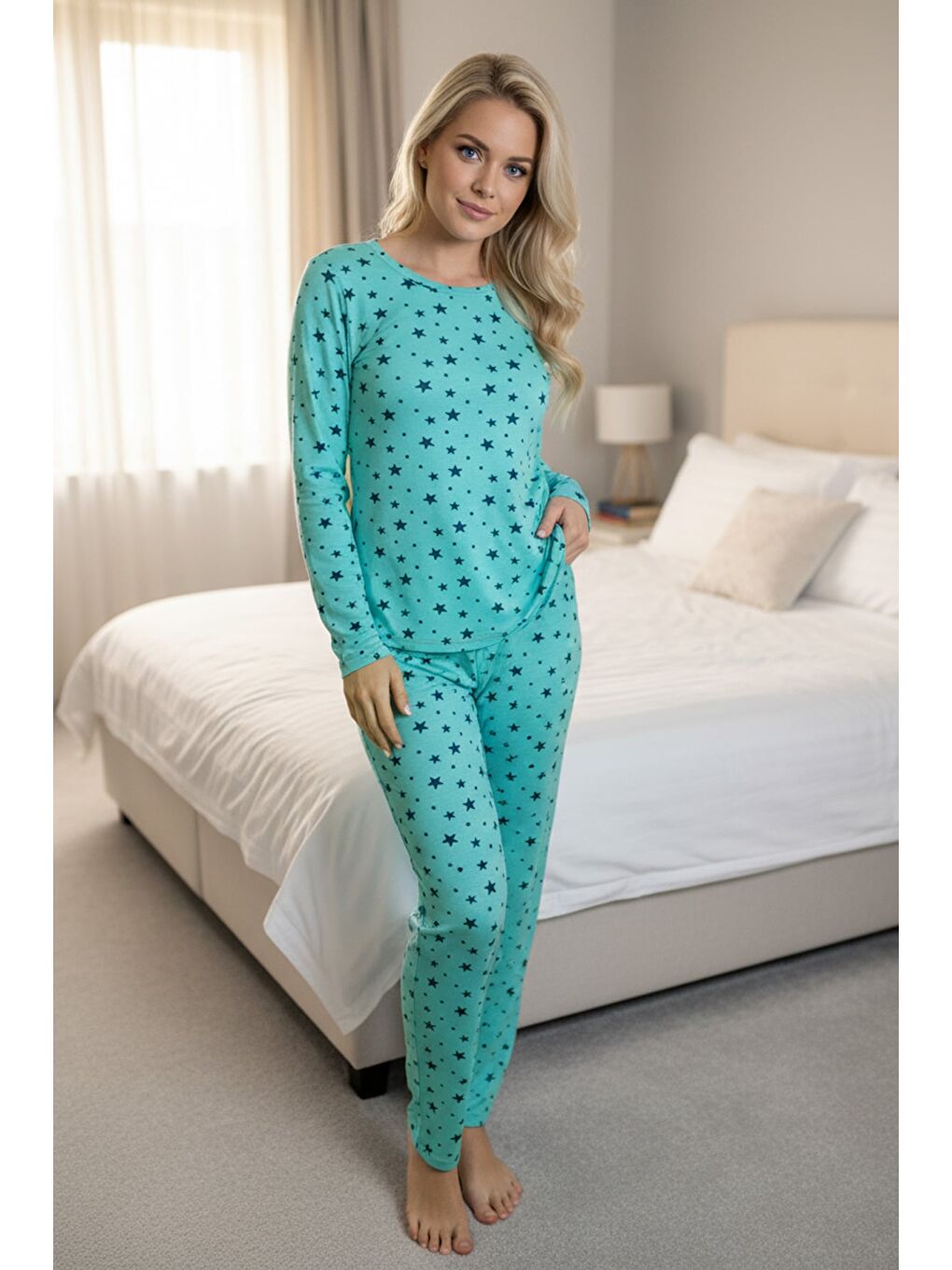 Yeşil Fiyonk Ve Kalp Desenli Bisiklet Yaka Pijama Takımı