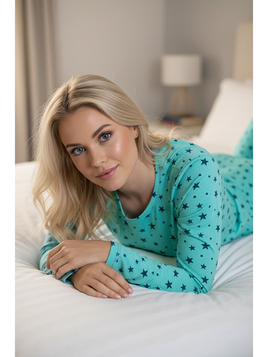 Yeşil Fiyonk Ve Kalp Desenli Bisiklet Yaka Pijama Takımı-1