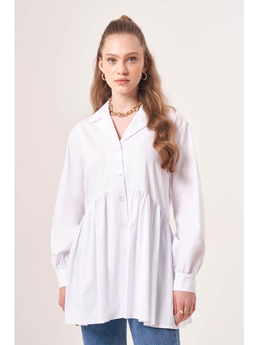 Beli Büzgülü Ekru Gömlek