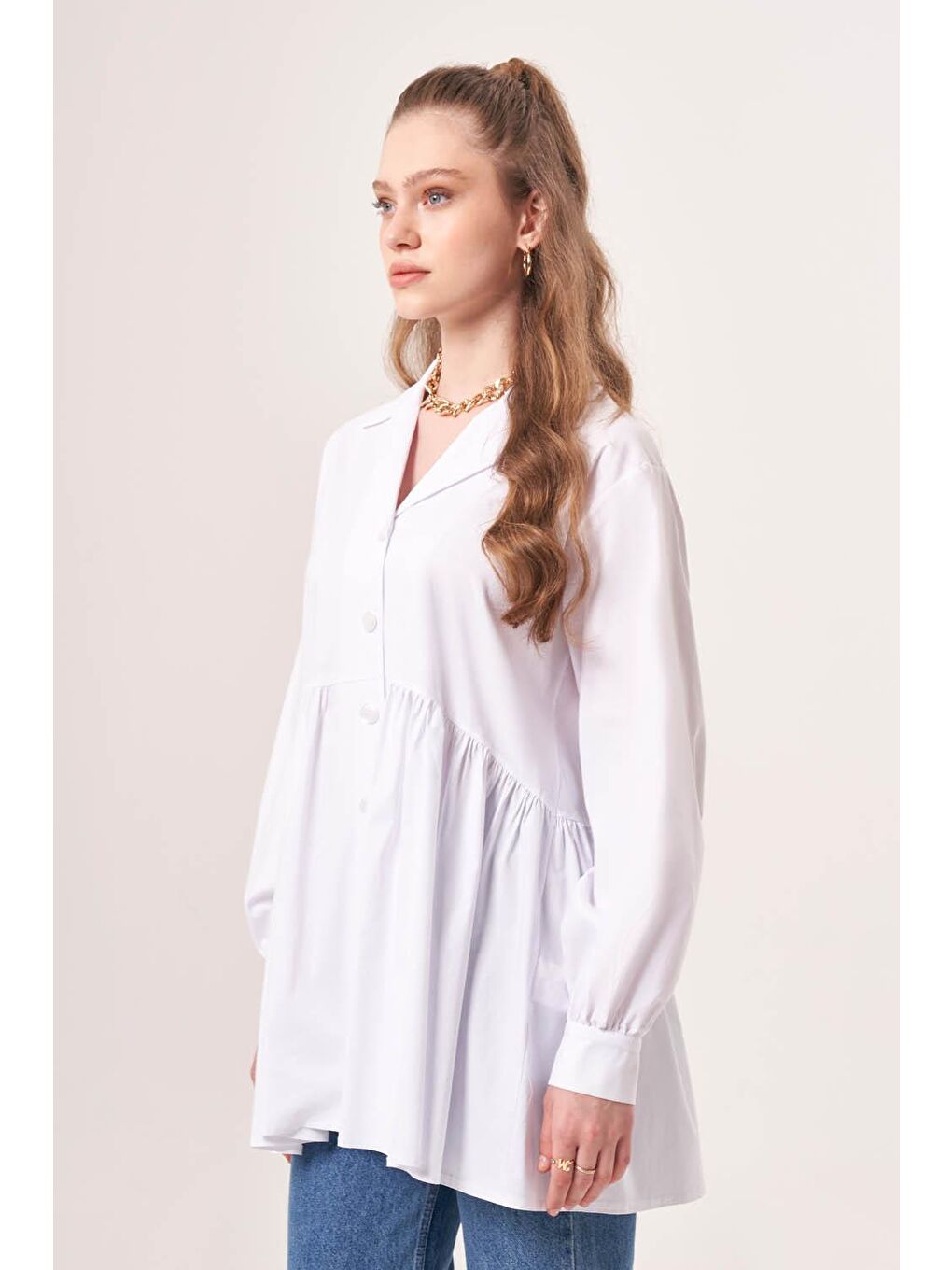 Beli Büzgülü Ekru Gömlek-1