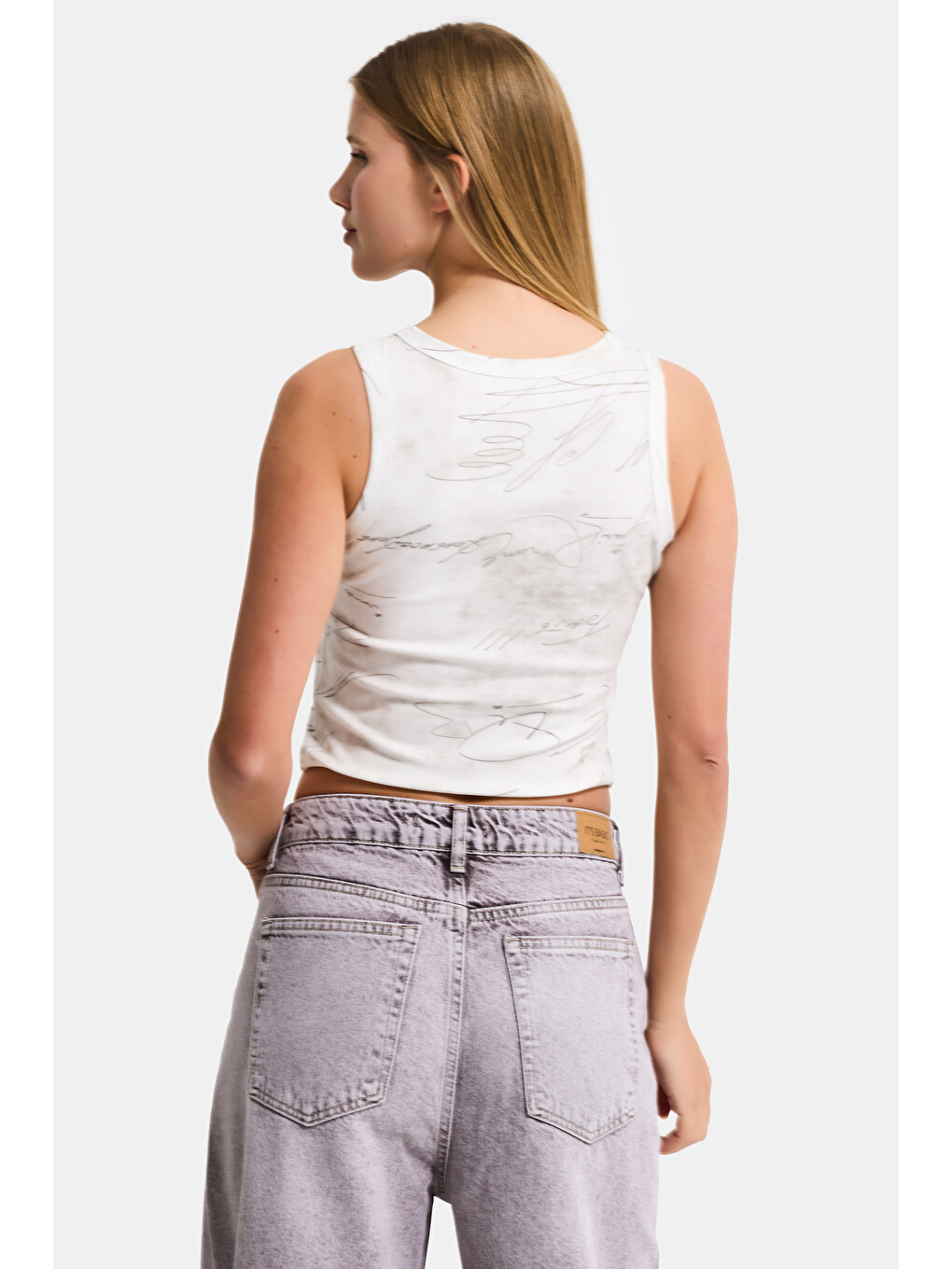 Kadın Beyaz W5 Crop Özel Baskılı Yıkamalı Kumaş Tasarım Body-1