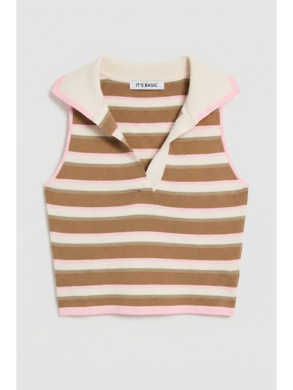 Kahverengi Kadın Kahve Bej S6-98 Crop Fit Polo Yaka İnce Yazlık Triko Body