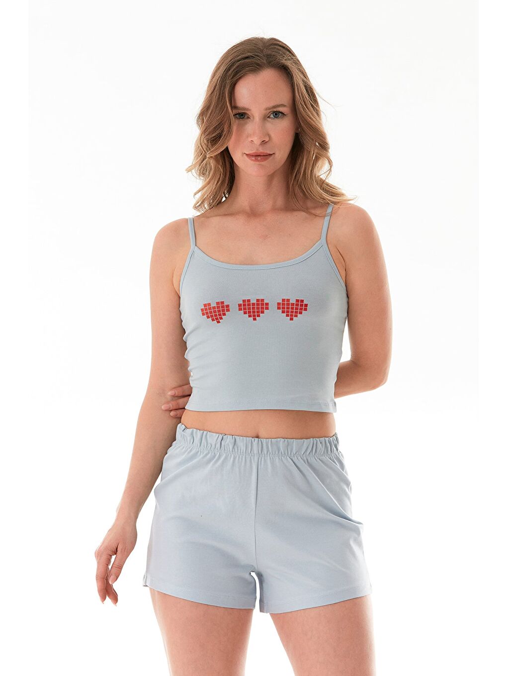 Mavi Kalp Baskılı Askılı Şortlu Pijama Takımı