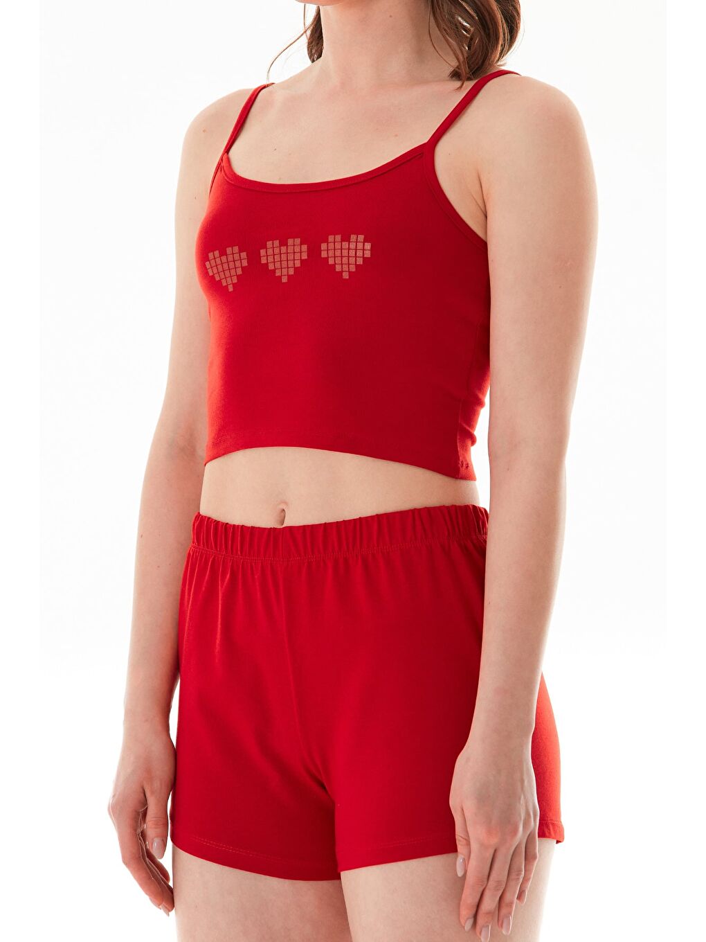 Kırmızı Kalp Baskılı Askılı Şortlu Pijama Takımı-4