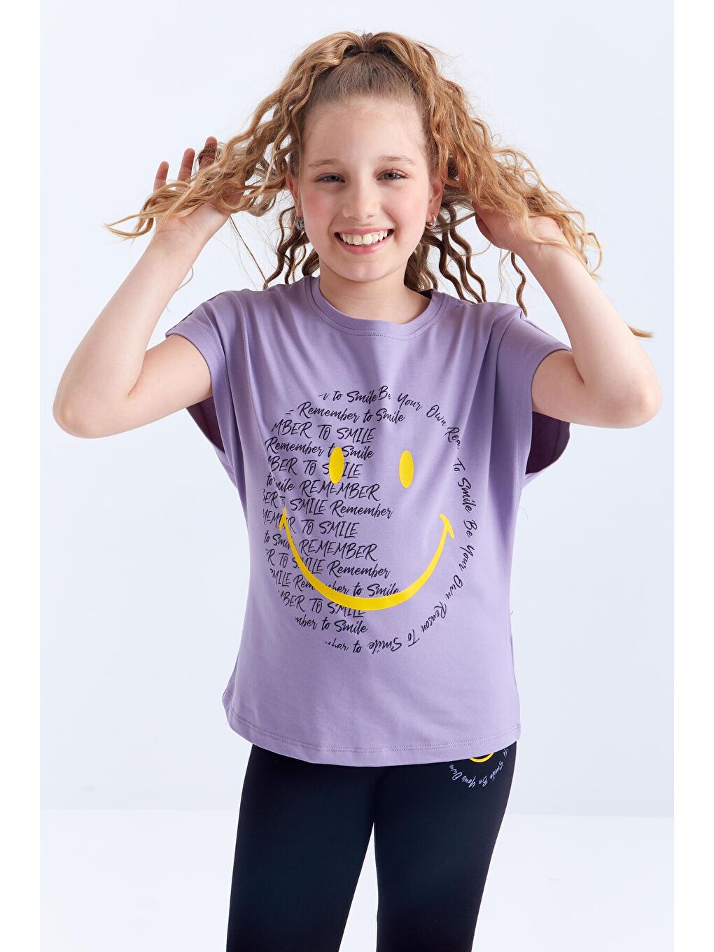 Mor Eflatun - Siyah Emoji Baskılı Kısa Kollu O Yaka Kız Çocuk Tayt Takım - 75062-3