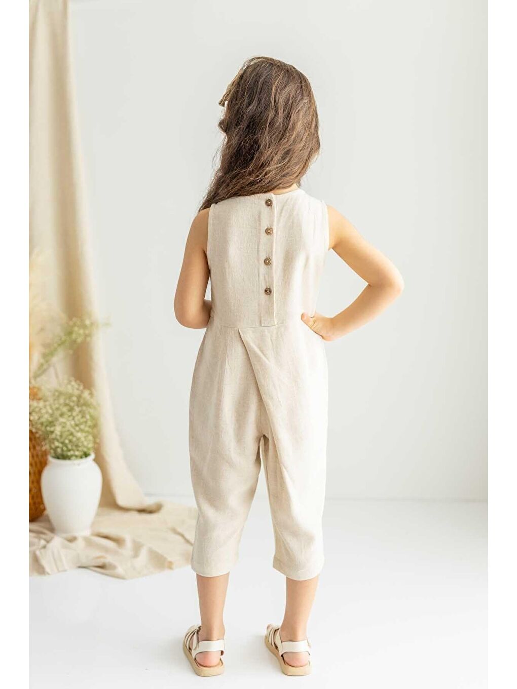 Ekru Kız Çocuk Keten Tulum-1
