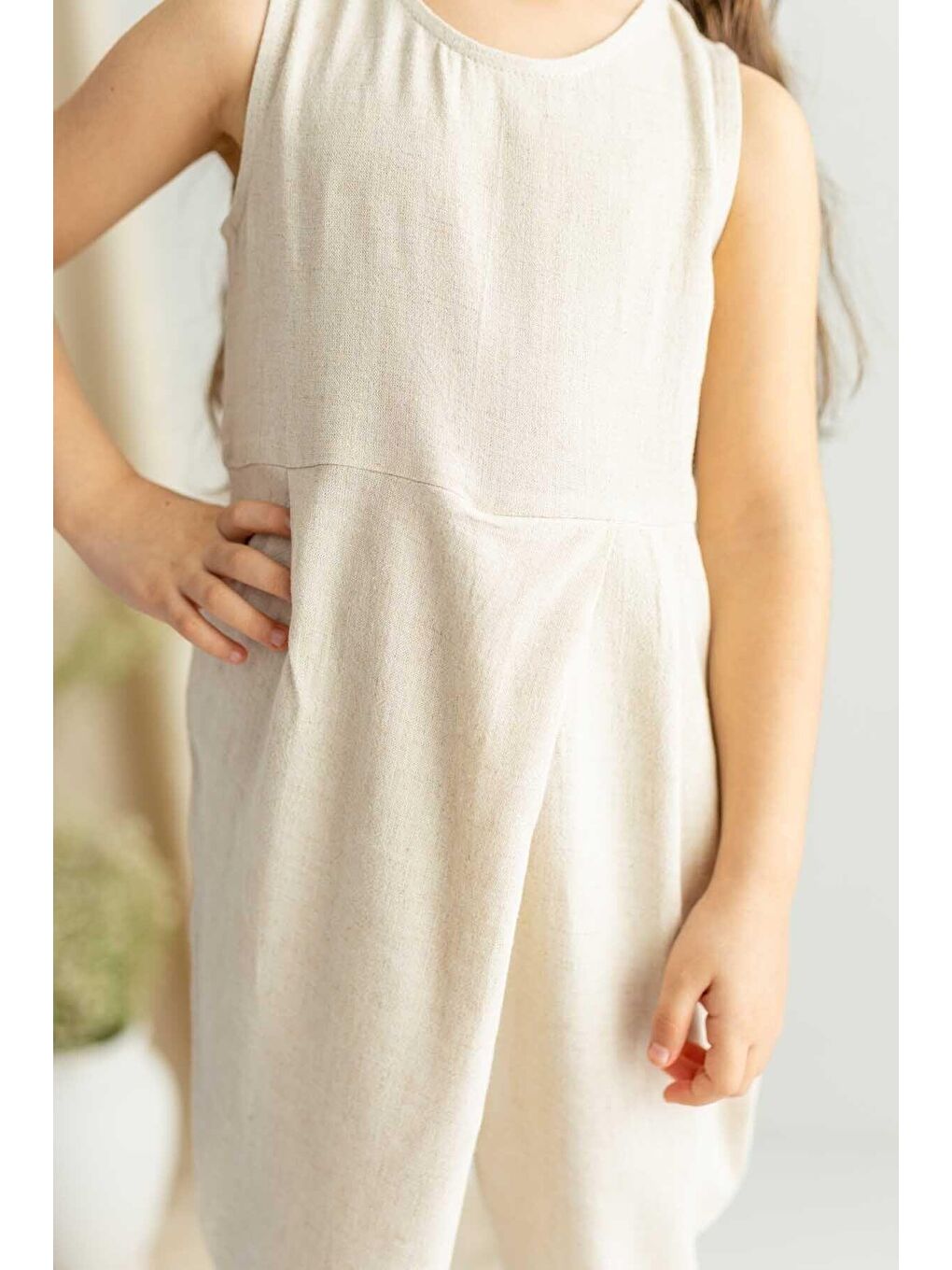 Ekru Kız Çocuk Keten Tulum-2