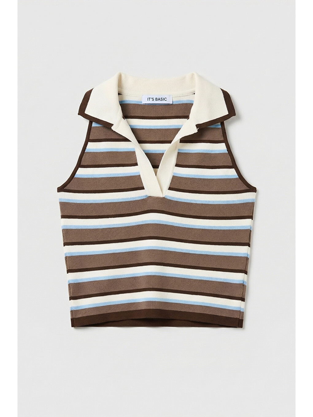 Kadın Mavi Kahve S6-103 Crop Fit Polo Yaka İnce Yazlık Triko Body