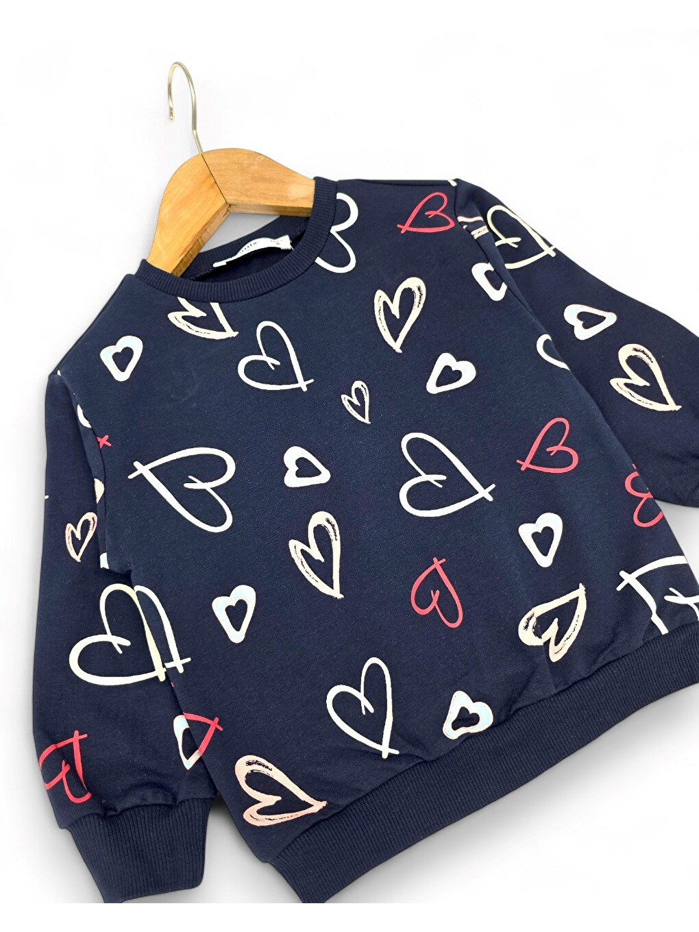Lacivert Kız Çocuk Kalp Baskılı Sweatshirtlü Ve Taytlı Mevsimlik Takım-3