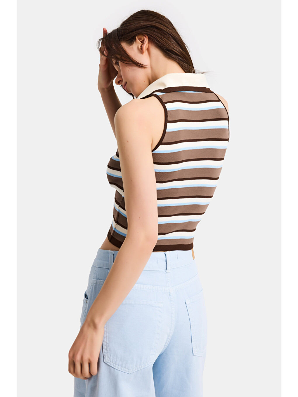 Kadın Mavi Kahve S6-103 Crop Fit Polo Yaka İnce Yazlık Triko Body-1