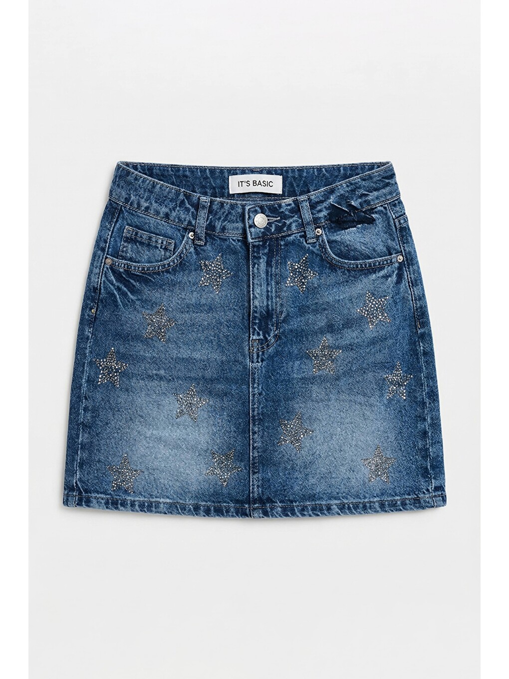 Kadın Mavi T-4s6-4 Straight Mini Parlak Yıldız Taşlı Özel Tasarım Denim Etek