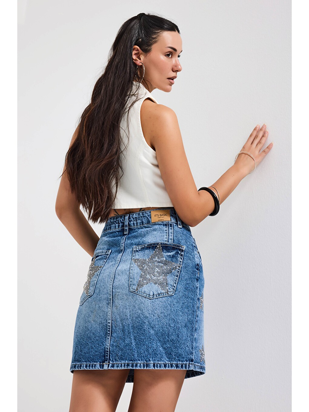 Kadın Mavi T-4s6-4 Straight Mini Parlak Yıldız Taşlı Özel Tasarım Denim Etek-1