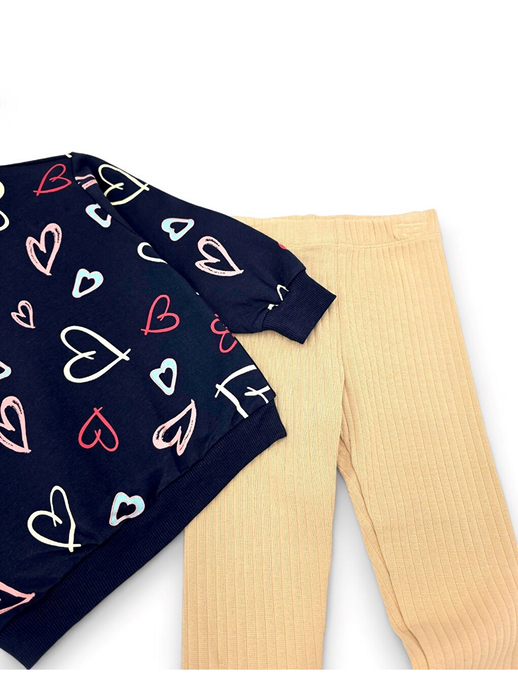 Lacivert Kız Çocuk Kalp Baskılı Sweatshirtlü Ve Taytlı Mevsimlik Takım-4