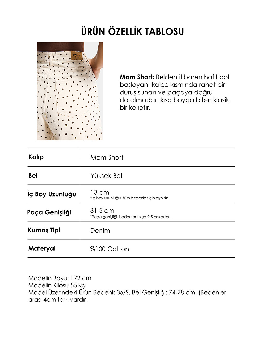 Bej Kadın 7s6 Puantiye Desen Mom Fit Midi Boy Özel Kumaş Denim Şort-3