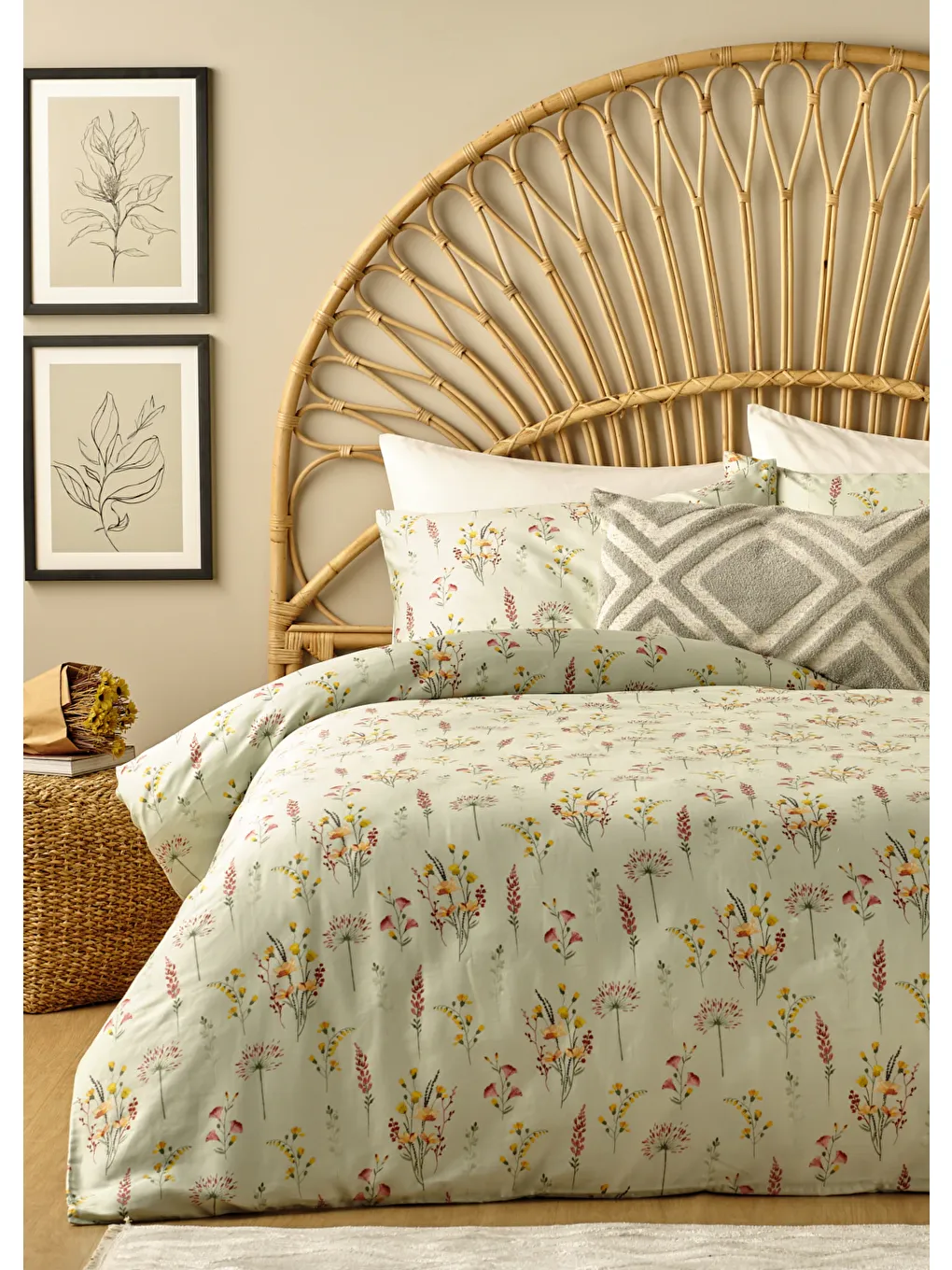 %100 Pamuk Saten Flores King Size Nevresim Seti Açık Yeşil