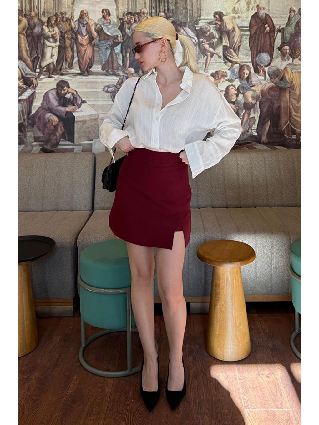 Bordo Yırtmaç Detaylı Kadın Şort Etek Mg2315