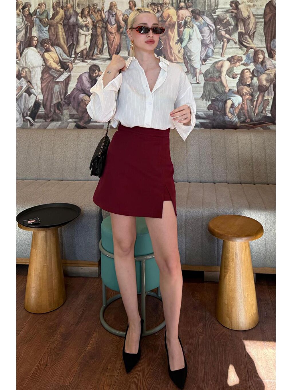 Bordo Yırtmaç Detaylı Kadın Şort Etek Mg2315-2