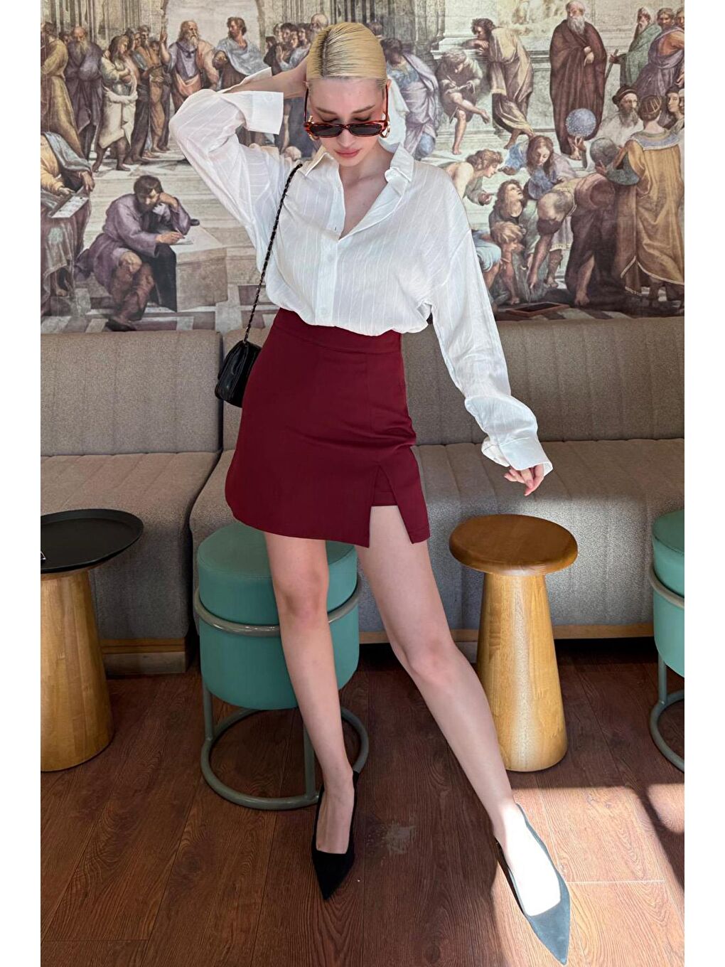 Bordo Yırtmaç Detaylı Kadın Şort Etek Mg2315-3