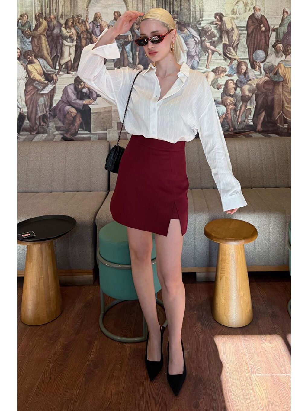 Bordo Yırtmaç Detaylı Kadın Şort Etek Mg2315-4