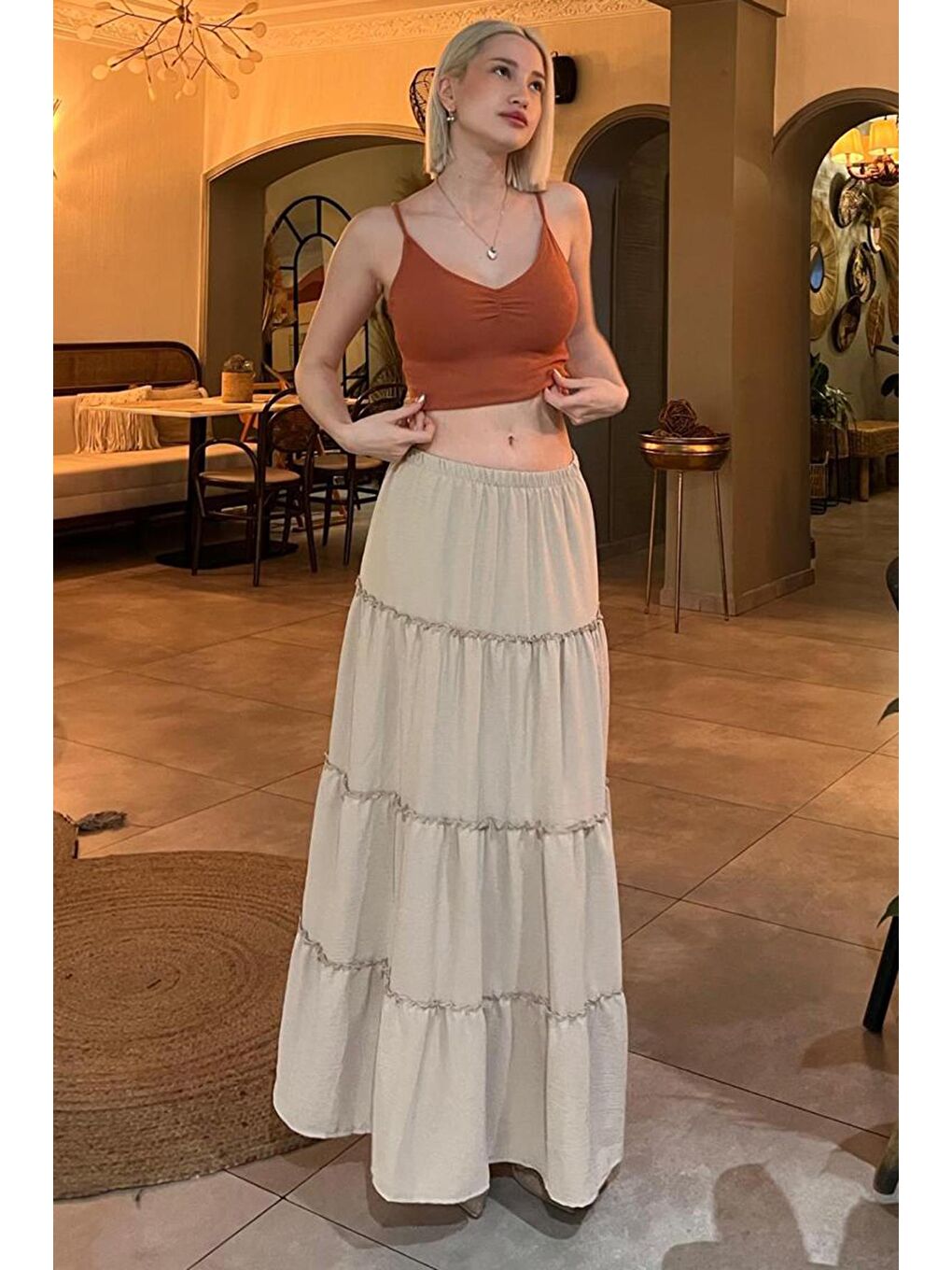 Bej Basic Pileli Kadın Uzun Etek-1