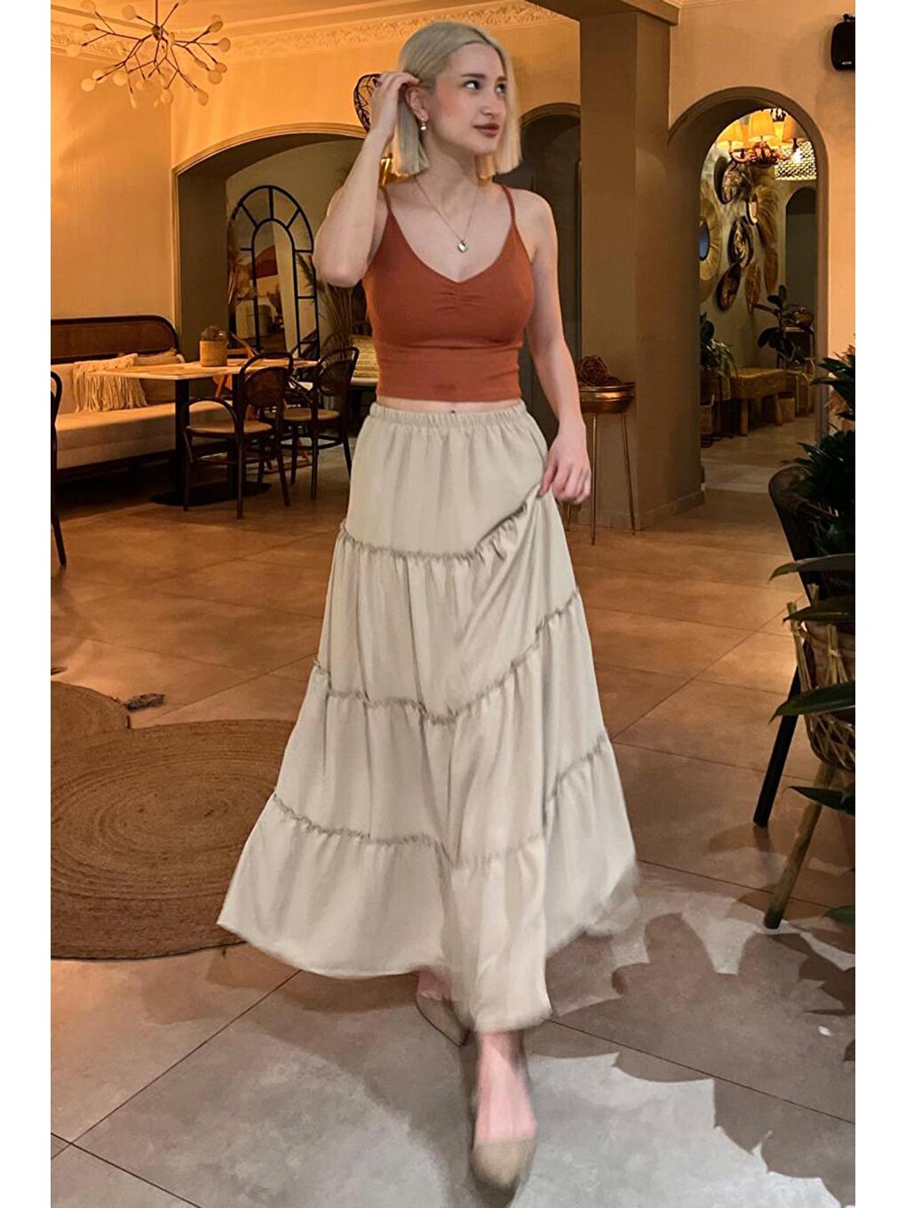 Bej Basic Pileli Kadın Uzun Etek-2