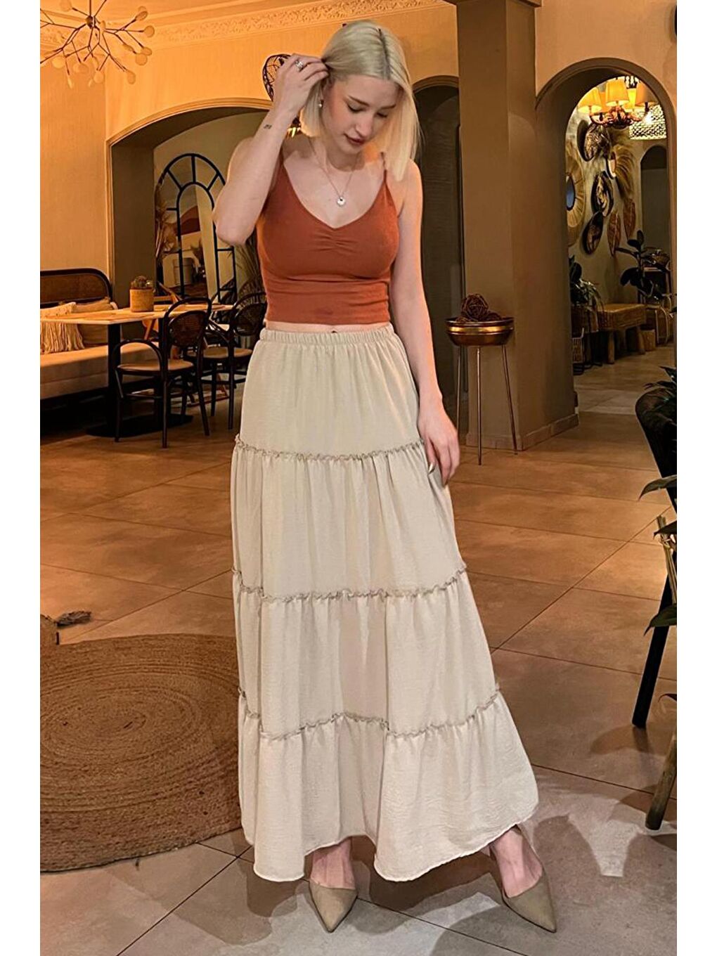 Bej Basic Pileli Kadın Uzun Etek-3