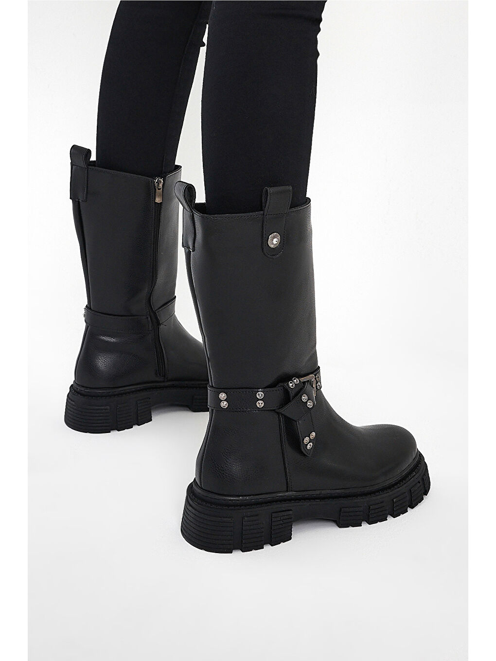 Kadın Siyah Cilt Rahat Kalıp Yüksek Taban Tokalı Fermuarlı Çizme-2