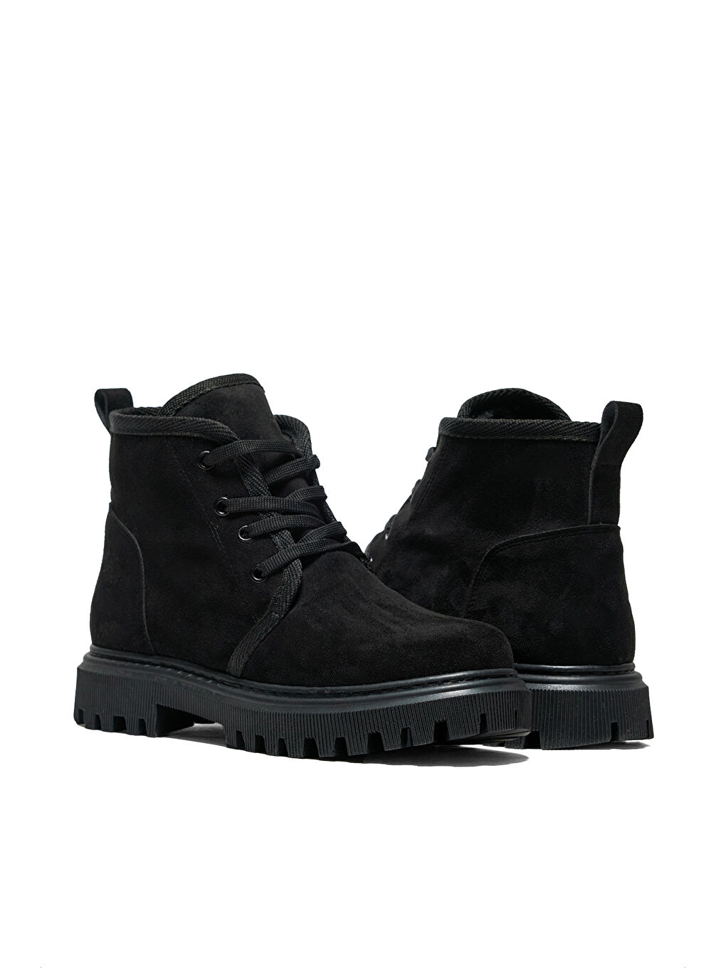 Kadın Siyah Süet Rahat Kalıp Kalın Taban İçi Kürklü Bağcıklı Bot-2