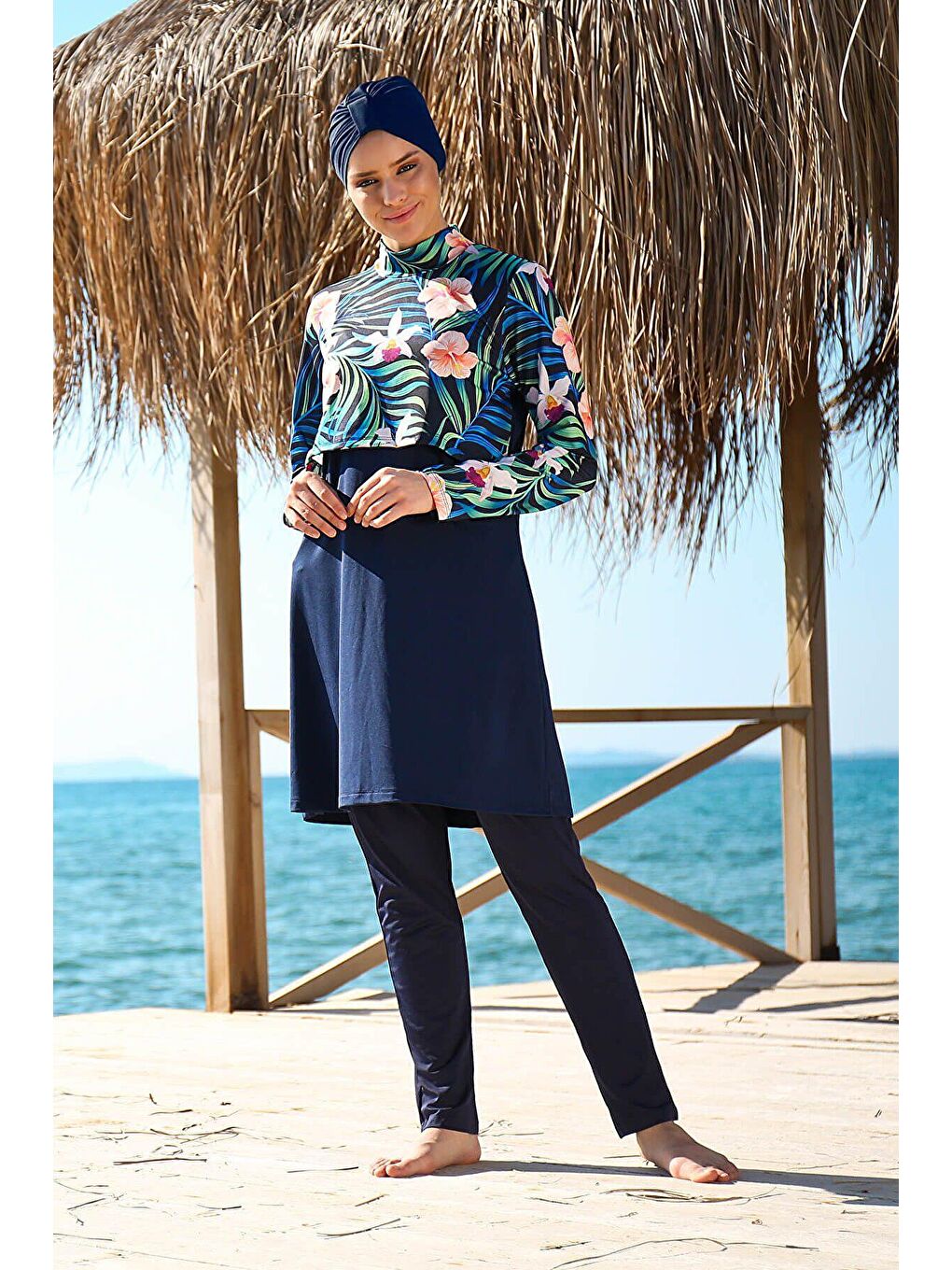 İp bağlamalı 4’lü Lacivert Çiçek Desenli Tam Kapalı Tesettür Mayo 1971