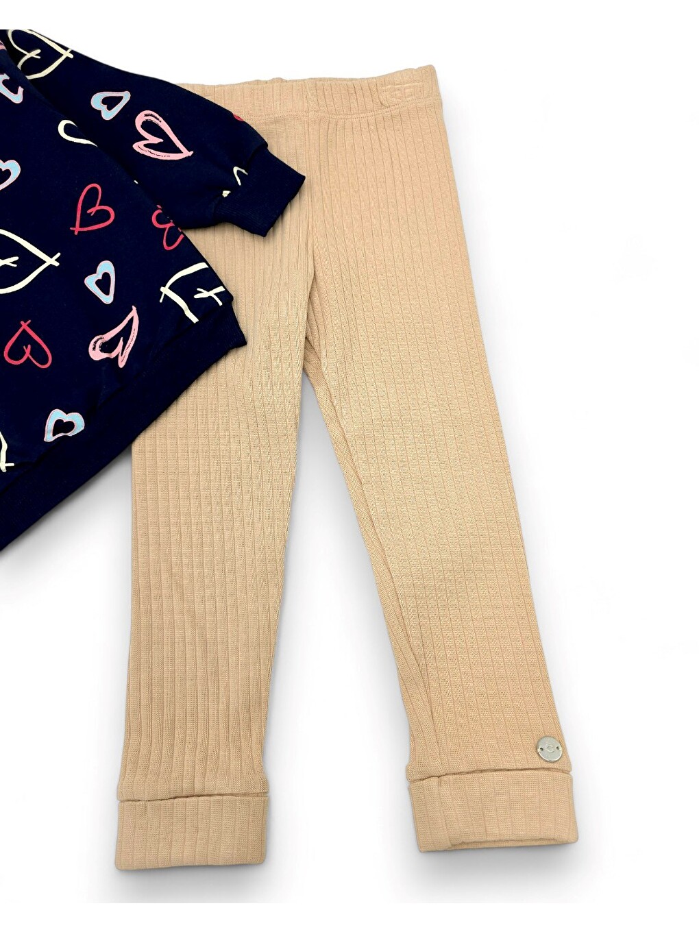 Lacivert Kız Çocuk Kalp Baskılı Sweatshirtlü Ve Taytlı Mevsimlik Takım-5