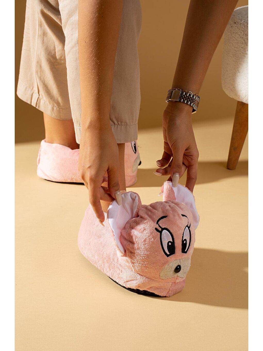 Pembe Sevimli Hayvan Figürlü Termal Taban Kadın Panduf P01-25-Jery-2