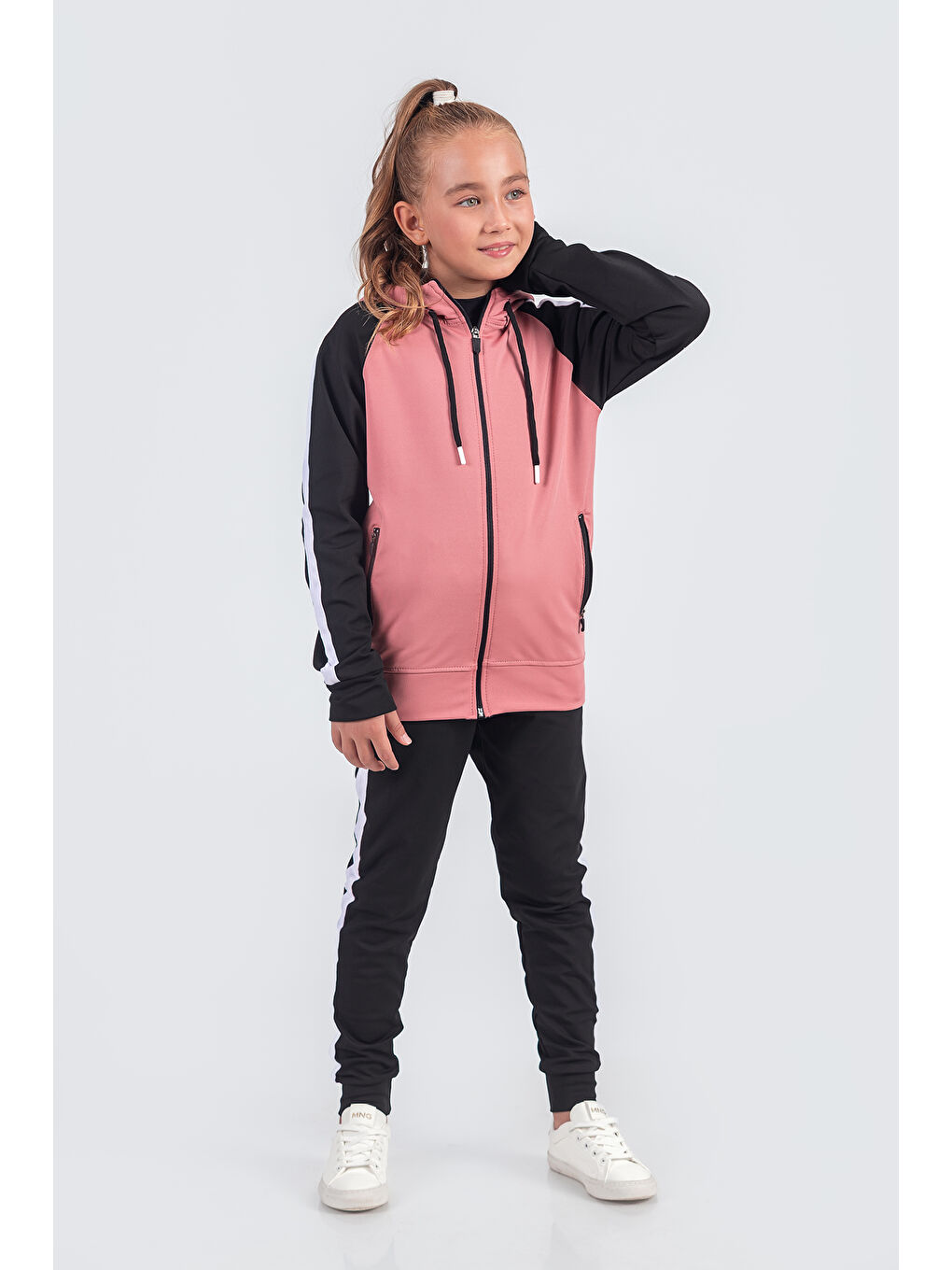 Pembe Unisex Şerit Detaylı Kapüşonlu Çocuk Eşofman Takımı-1