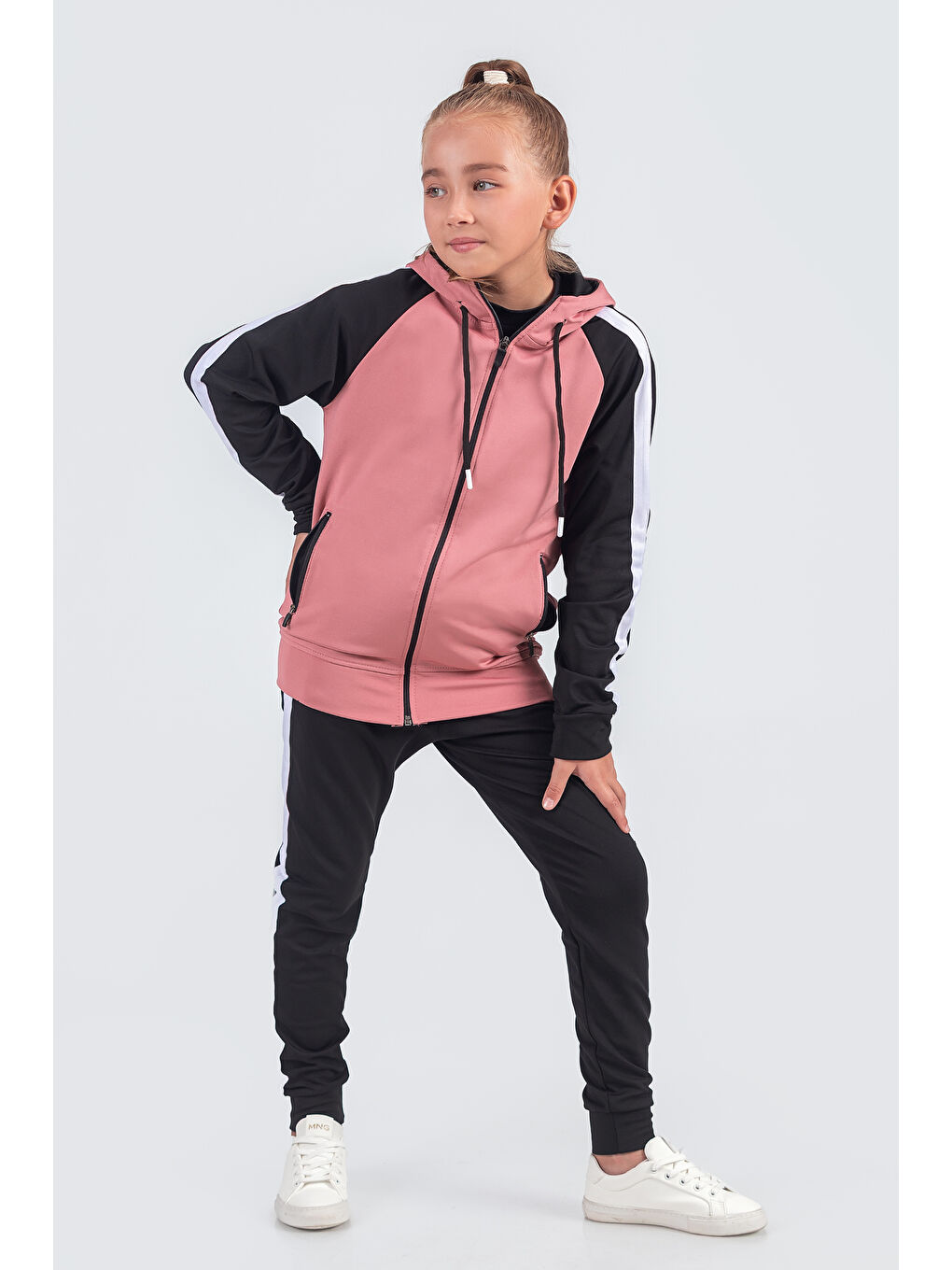 Pembe Unisex Şerit Detaylı Kapüşonlu Çocuk Eşofman Takımı-2