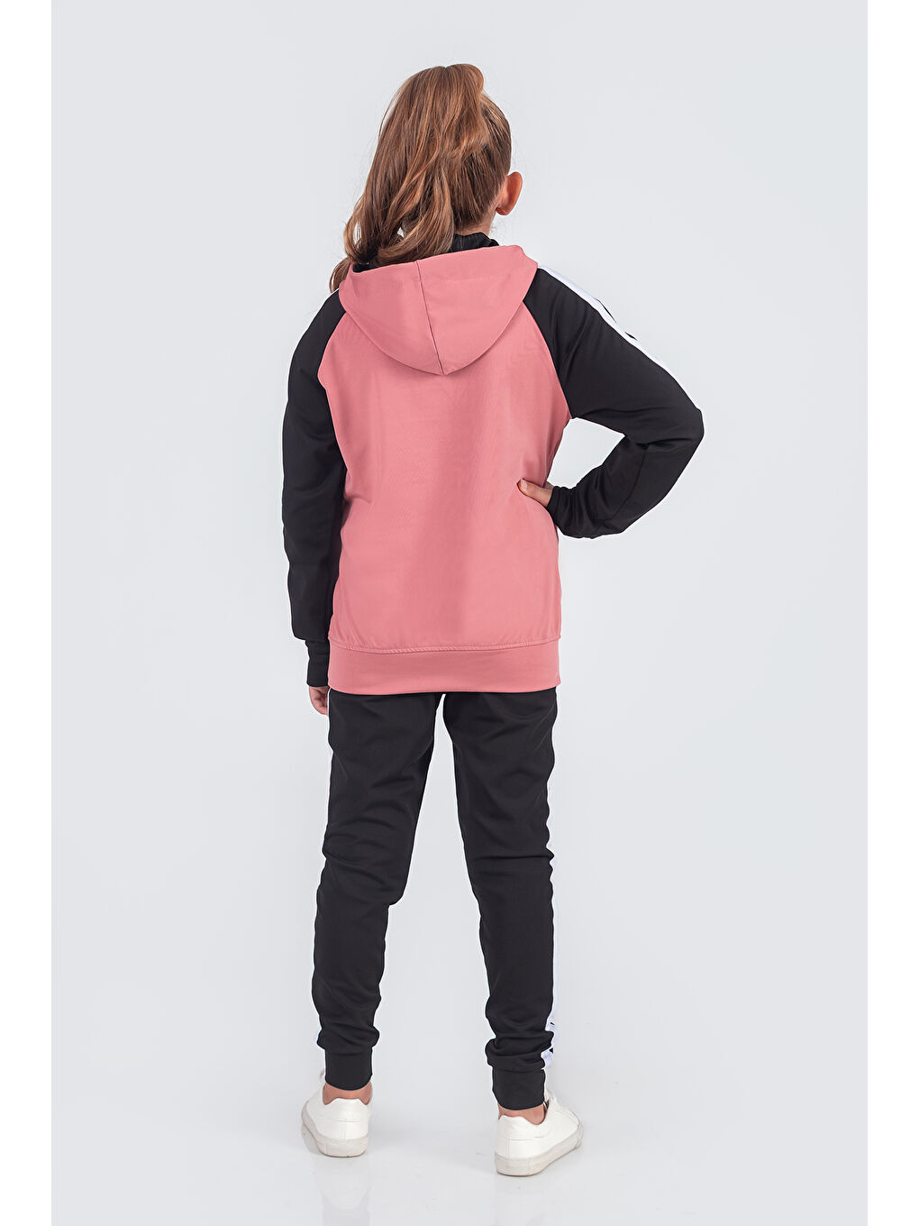 Pembe Unisex Şerit Detaylı Kapüşonlu Çocuk Eşofman Takımı-3