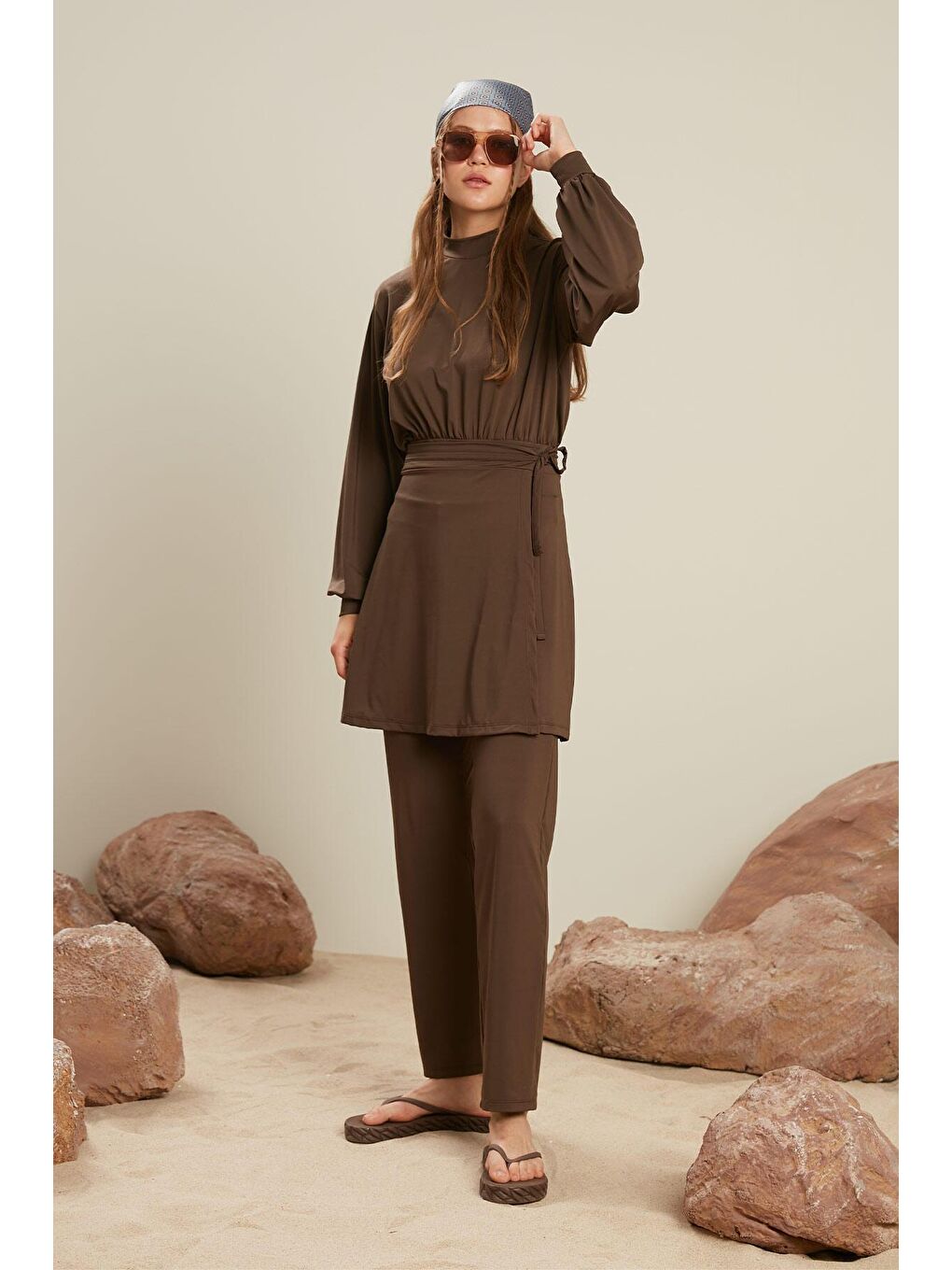 Düz Paça Tesettür Mayo Pantolon Kahverengi