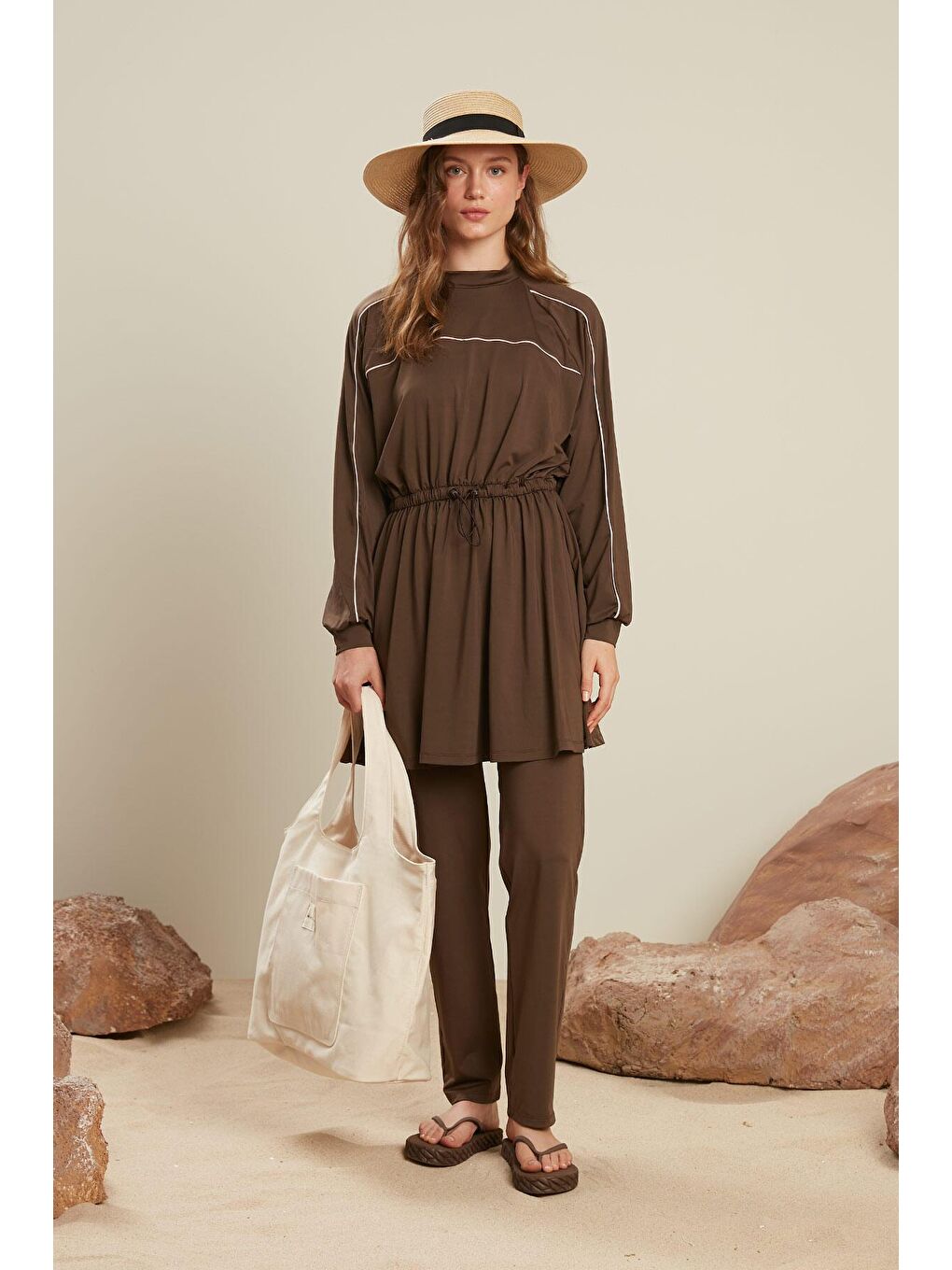 Düz Paça Tesettür Mayo Pantolon Kahverengi-1