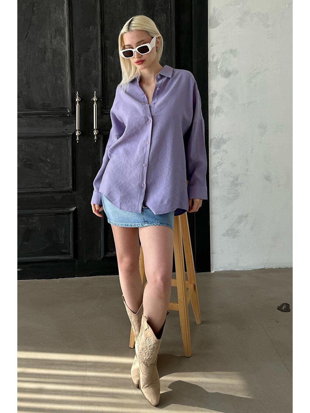 Lila Uzun Kollu Oversize Gömlek Mg2003