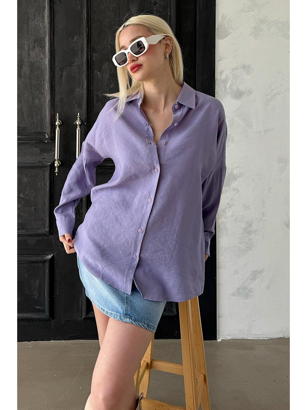 Lila Uzun Kollu Oversize Gömlek Mg2003-2