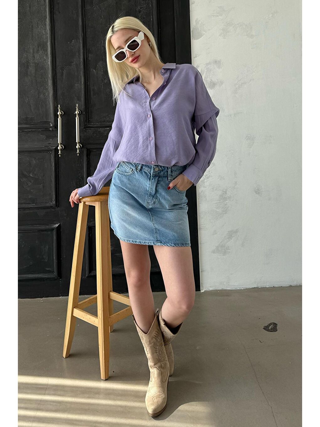 Lila Uzun Kollu Oversize Gömlek Mg2003-4