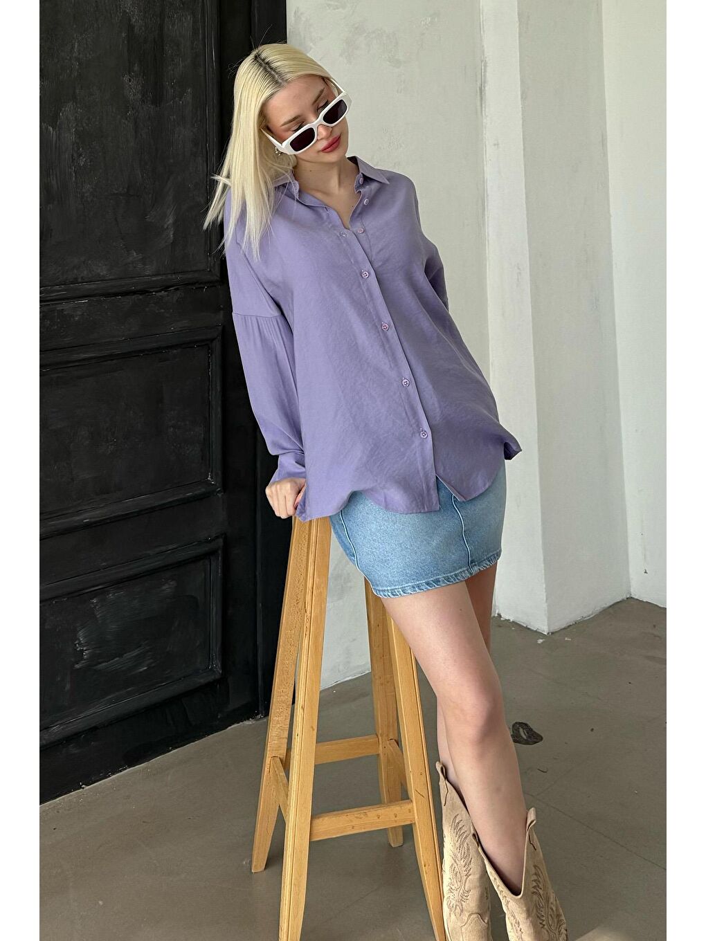 Lila Uzun Kollu Oversize Gömlek Mg2003-7