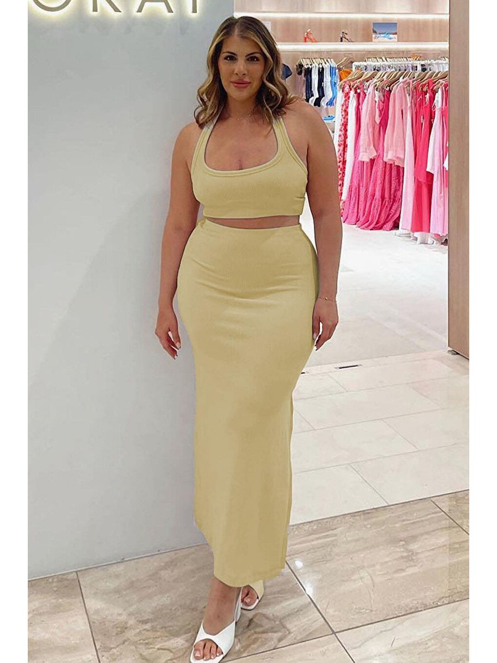 Bej Basic Yırtmaç Detaylı Kadın Uzun Etek Mg1650-2