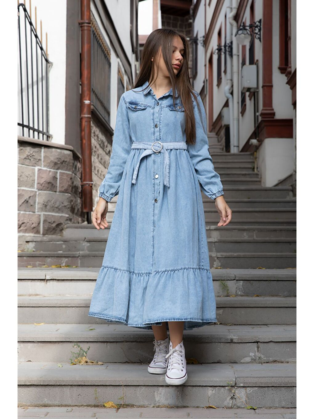 Mavi Kız Çocuk Kuşaklı Düğme Kapmalı Jean Elbise 20495