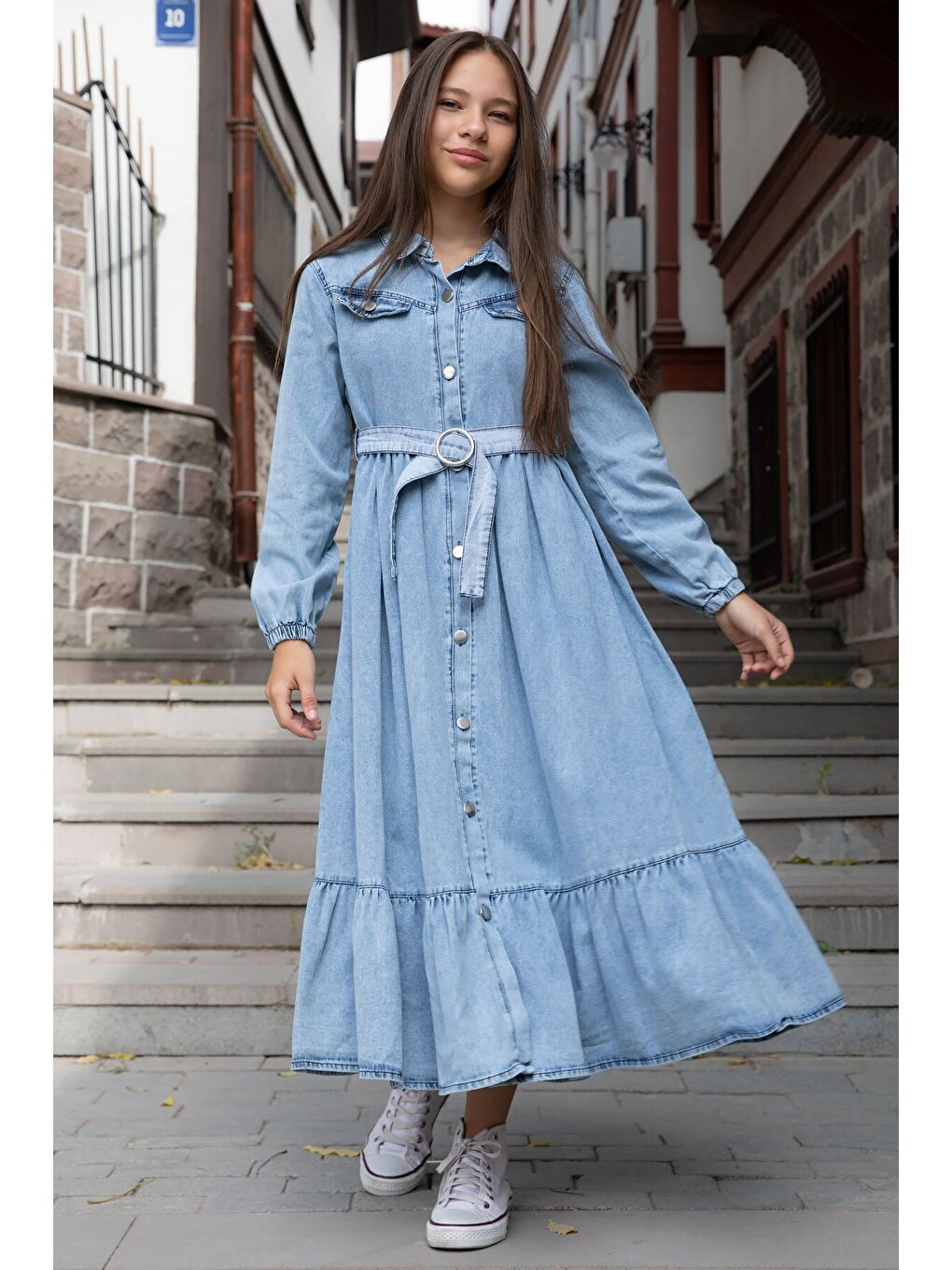 Mavi Kız Çocuk Kuşaklı Düğme Kapmalı Jean Elbise 20495-2