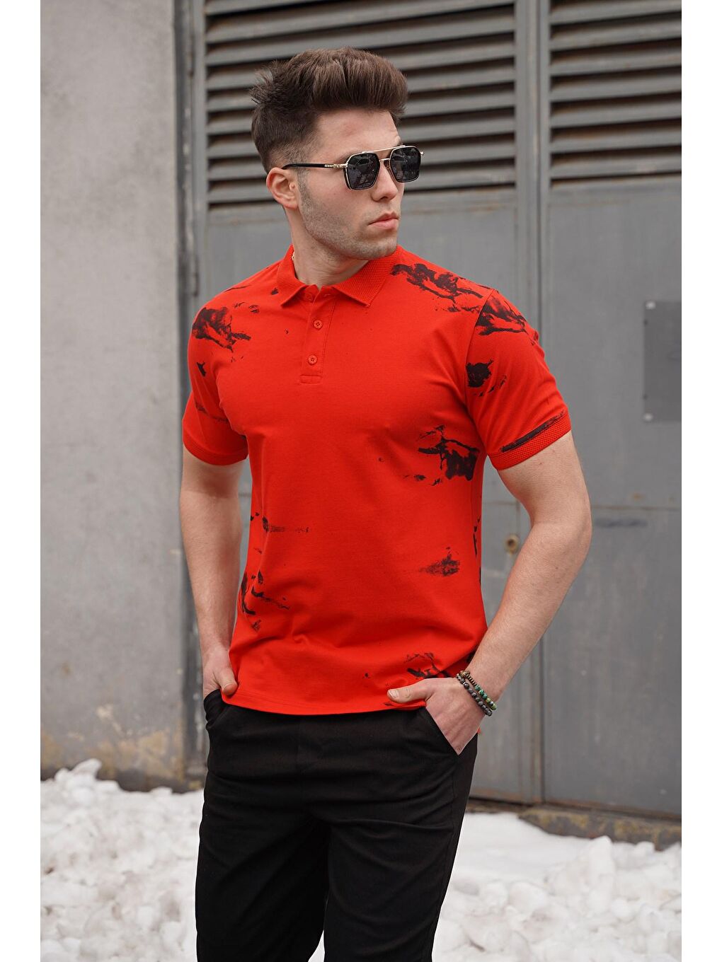 Polo Yaka Desenli Kırmızı Erkek Tişört-1