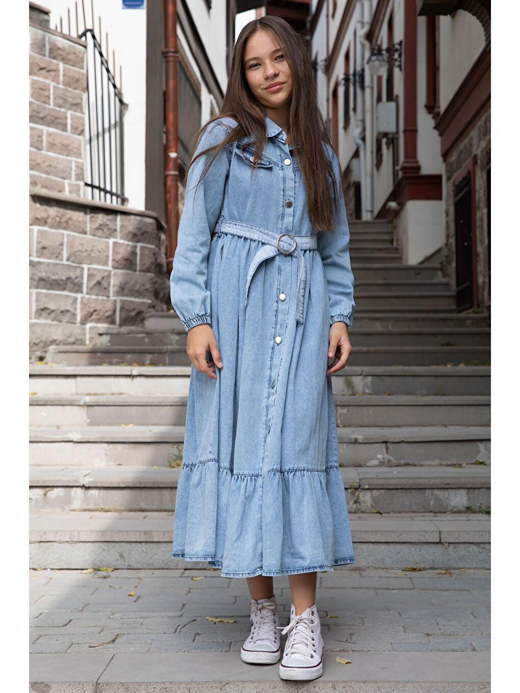 Mavi Kız Çocuk Kuşaklı Düğme Kapmalı Jean Elbise 20495-3