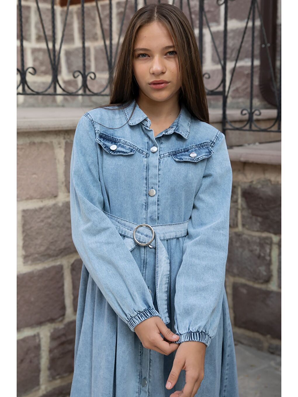 Mavi Kız Çocuk Kuşaklı Düğme Kapmalı Jean Elbise 20495-4