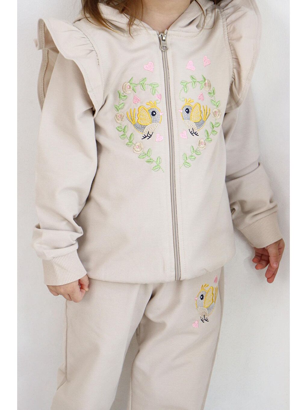 Kız Bebek Eşofman Takım Çiçek & Kuş Nakışlı Bej (1.5 Yaş)-5