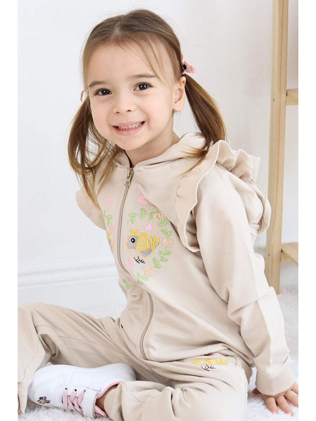 Kız Bebek Eşofman Takım Çiçek & Kuş Nakışlı Bej (1.5 Yaş)-6