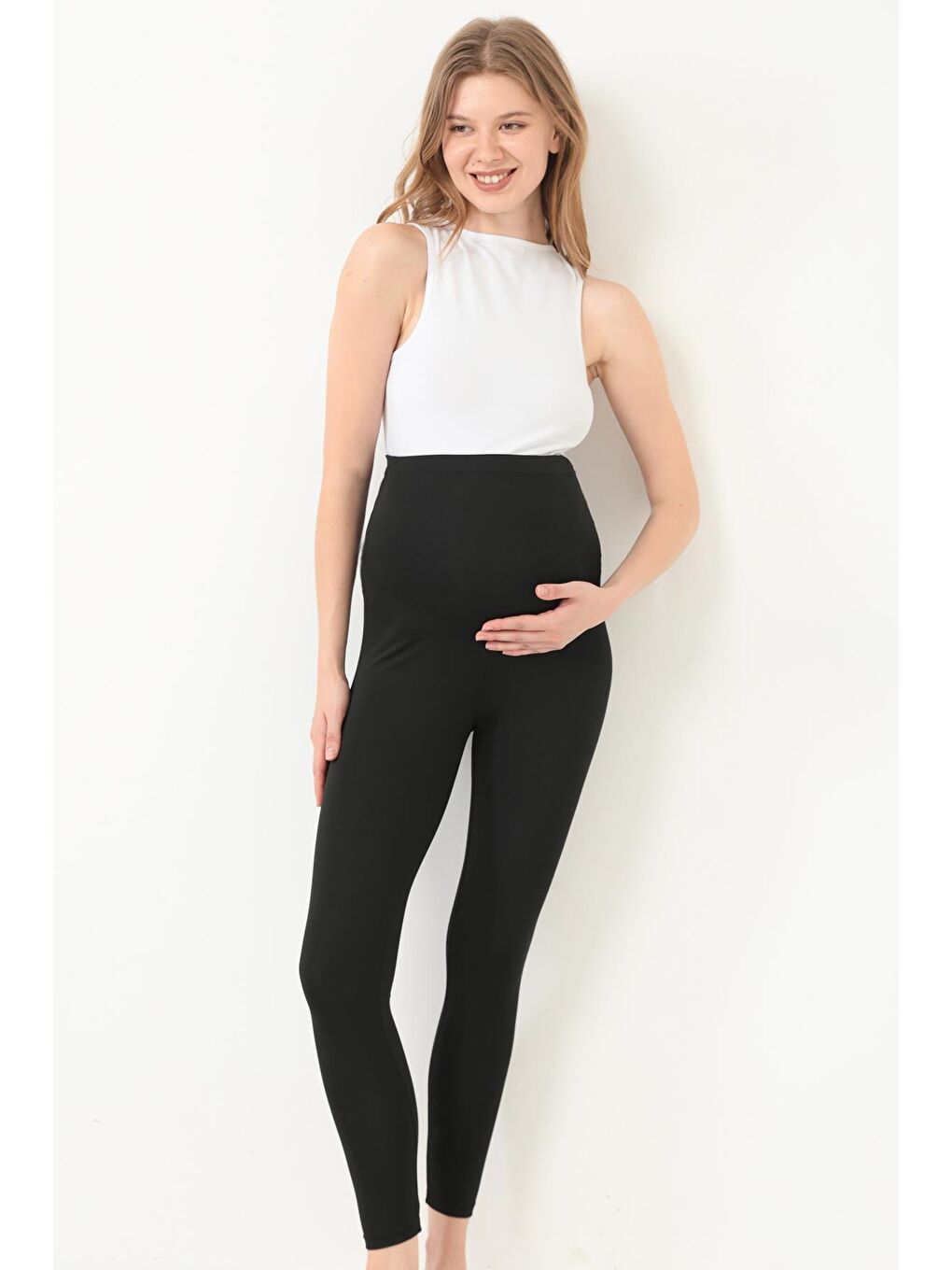 Siyah Şardonlu Beli Ayarlanabilir Yüksek Bel Hamile Tayt-6